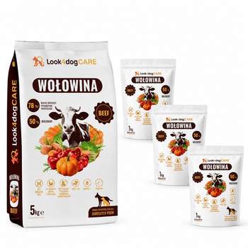 Zestaw: Karma dla psa Look4dog CARE Wołowina bez zbóż i kurczaka 5 kg+3x1kg