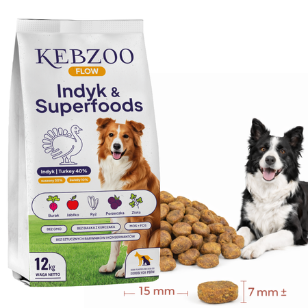 Karma sucha KEBZOO Flow Indyk&Superfoods 12 kg + GRATIS